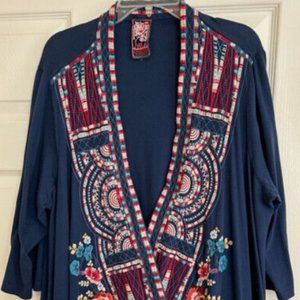 INTRICATE DESIGN!! Johnny Was JWLA 3/4 Sleeve Navy Lightweight Cardigan /Coverup